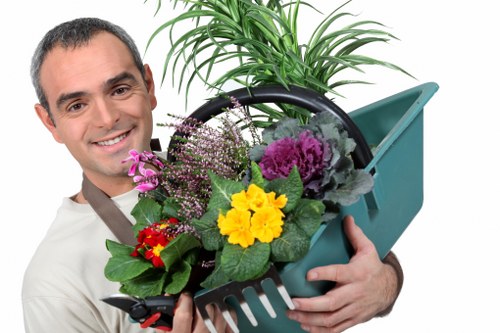 Professional landscaping in Woodside with lighting and stone features